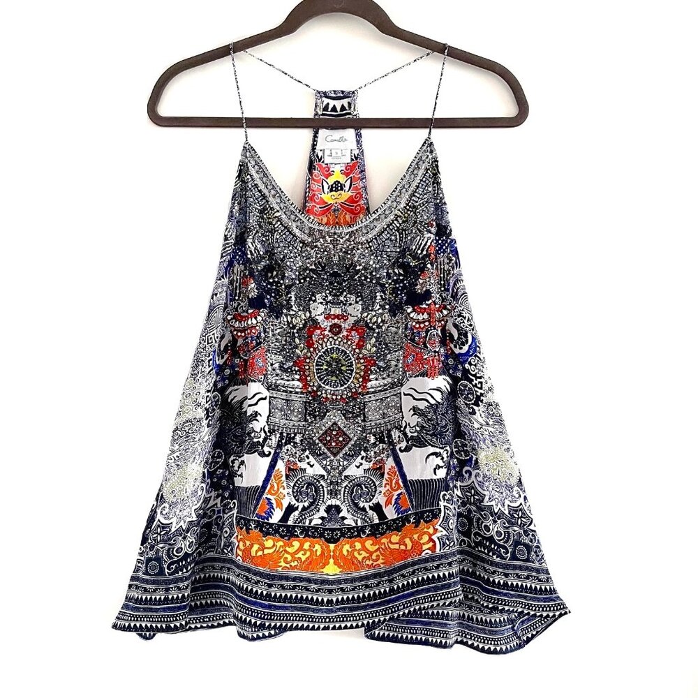 Camilla Shoestring Strap Embellished Silk Tank Top Size S - Picture 2 of 11